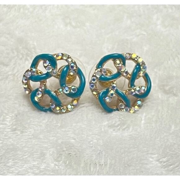 Deep Turquiose & Iridescent Crystal Interlocking Rippled Oval Ring Earrings-NEW - Picture 3 of 3